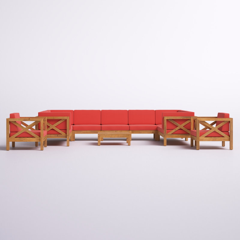 Jacklyn 10-Piece Modular Outdoor Sectional with Cushions , Teak Frame / Red Cushion