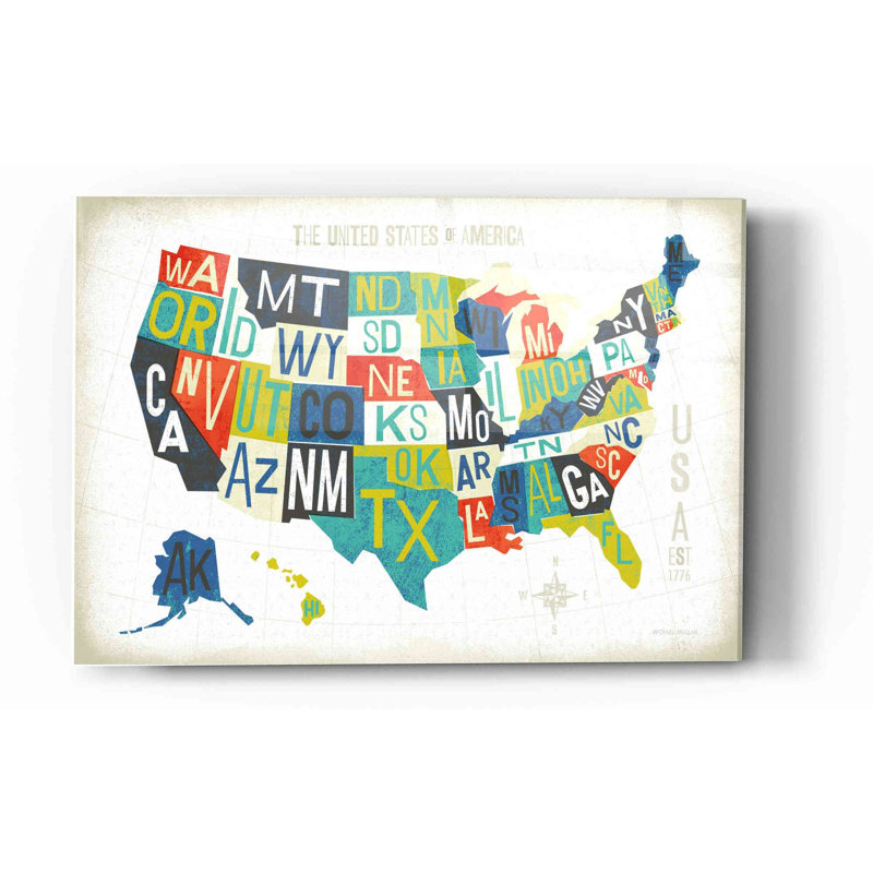 "Typographie américaine carte" par Michael Mullan, art mural en verre acrylique, H 12 po x l 16 po x P 0,12 po
