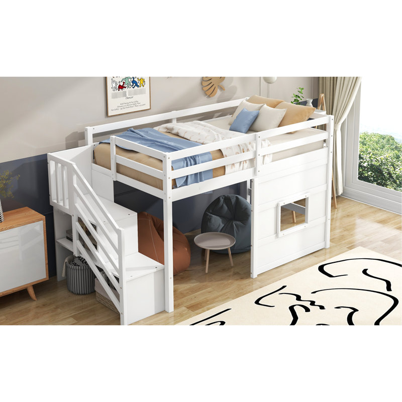 Twin Size Loft Bed With Fun Window And Staircase Storage, White - Wood Frame, Mattress , No Box Spring Storage Playful Stable Frame