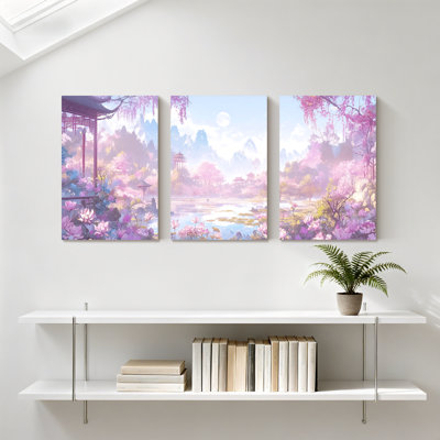 Paysage et nature, fleurs roses, jardin, lac, clair de lune, pagode, reflet des montagnes, ensemble de 3 impressions sur toile