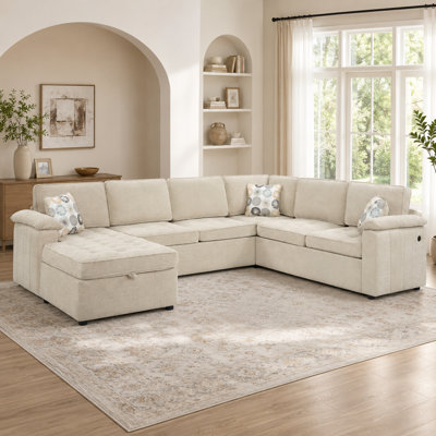 Doroteia U-Shaped Sectional Sofa with Storage Chaise, USB Ports, and Throw Pillows in Red