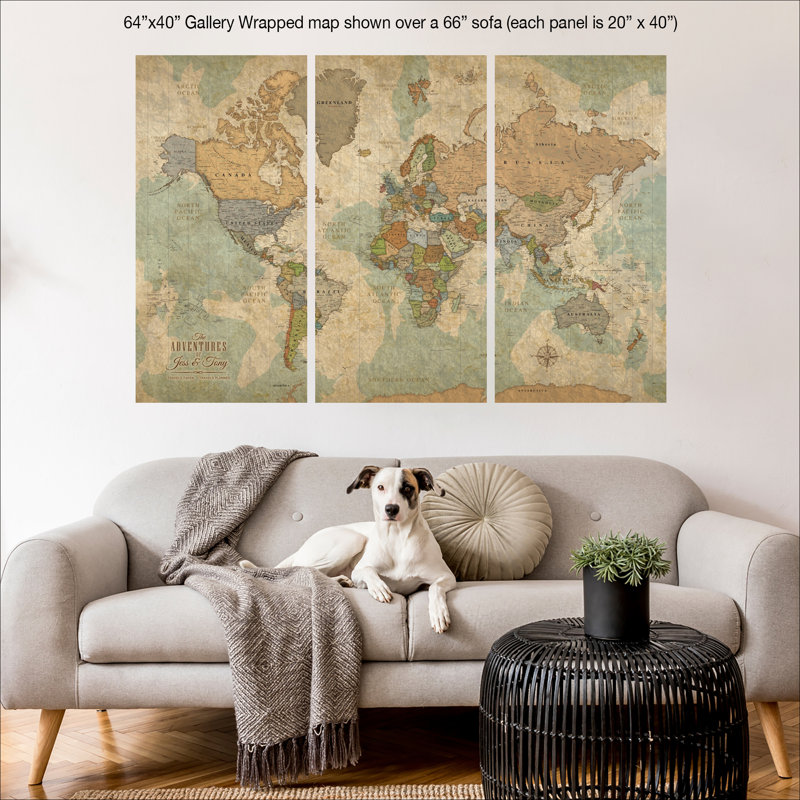 Personalized Push Pin World Travel Map on Canvas - 3 Panel, 40" H x 64" W, Yes