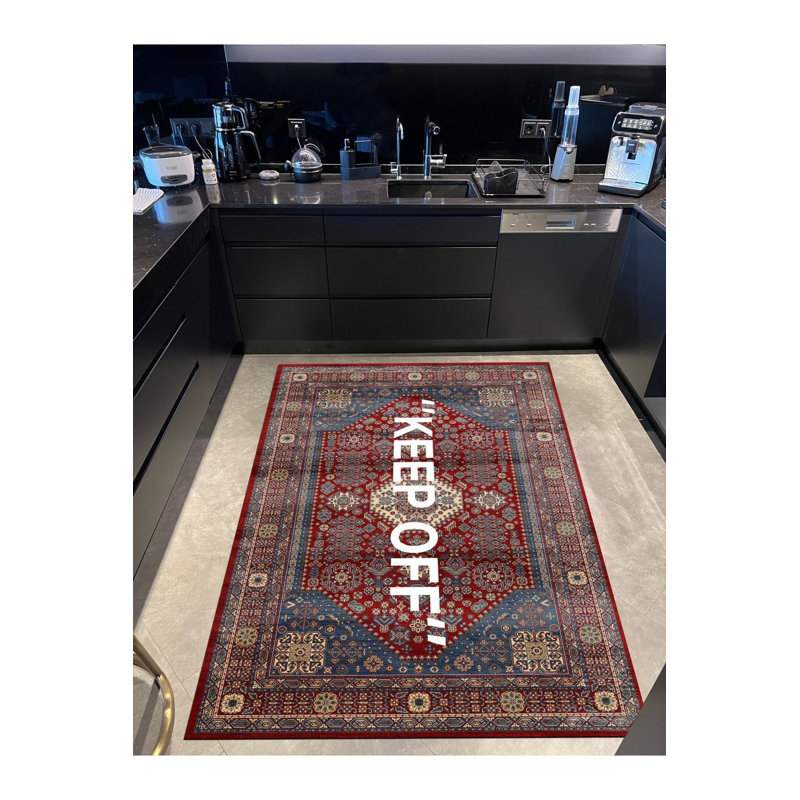 Tapis rouge texturé «Keep Off» rouge à motif de tapis iranien, Tapis de couloir 3 pi 3,37 po x 9 pi 10,11 po