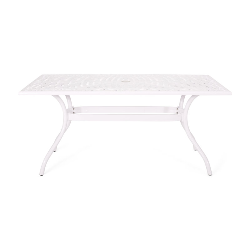 Rectangular Outdoor Table - Cast Aluminum Build, Floral Detail, Umbrella Slot, 66.55" W X 36.72" D 29.4" H, White Dining Aluminum, Glamorous , Hole, 67" 37.5"