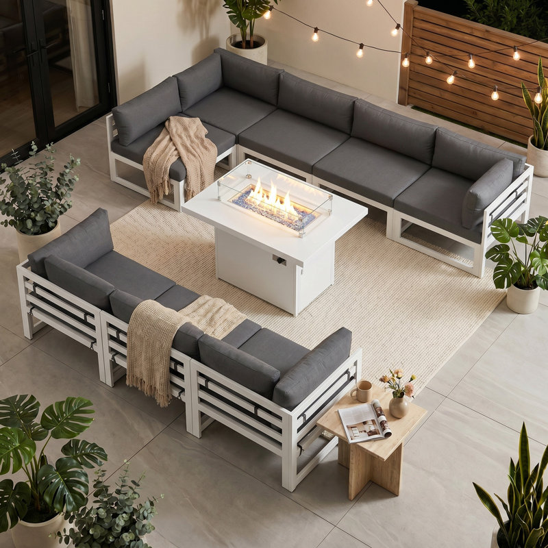 Ensemble de conversation modulaire d'extérieur en aluminium pour 8 personnes avec table de foyer et coussins Anevaeh, White