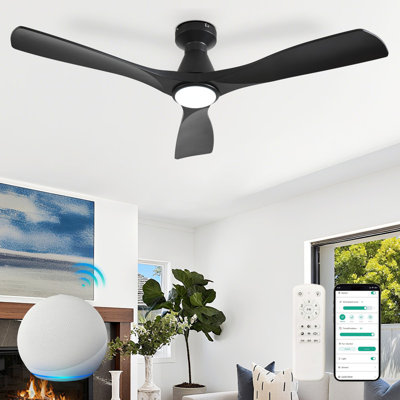 52 Inch Black Smart Flush Mount Ceiling Fan with Lights and Remote, 3 Blade Dimmable Indoor Outdoor Fan Work with Alexa Remote APP Ultra Quiet DC Motor Timer 6 Speeds