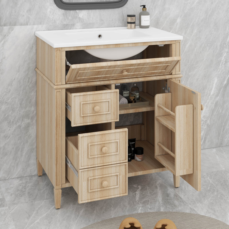 Meuble-lavabo de 30 po avec lavabo en céramique, meuble de rangement moderne avec 2 tiroirs et un tiroir basculant