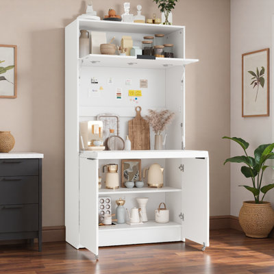 Multifunctional Kitchen Pantry With Upper Open Shelf, Foldable Workstation, Adjustable Shelf And Power Outlet