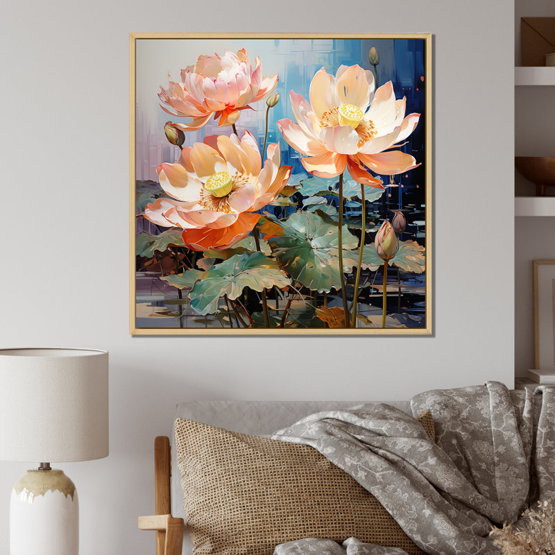 Fleurs de lotus fauves III sur toile, Cadre naturel flottant, H 30 po x l 30 po x P 1 po