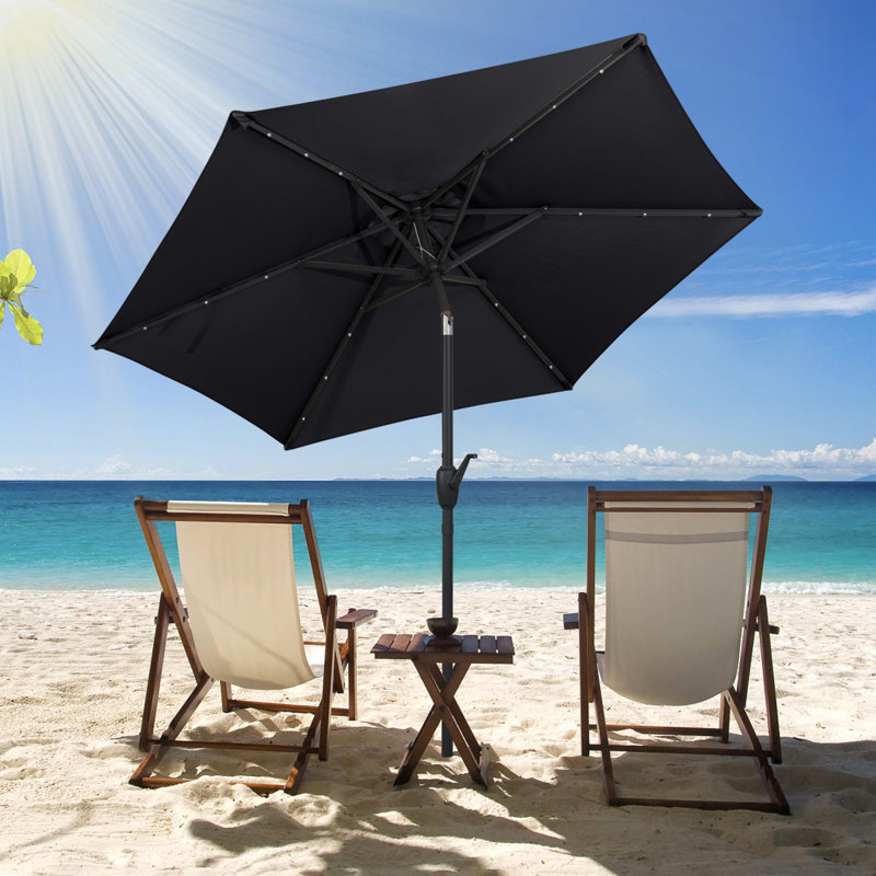 Parasol à énergie solaire 7,5 pi avec poignée à manivelle à bouton-poussoir inclinable 7,5 pi, Noir