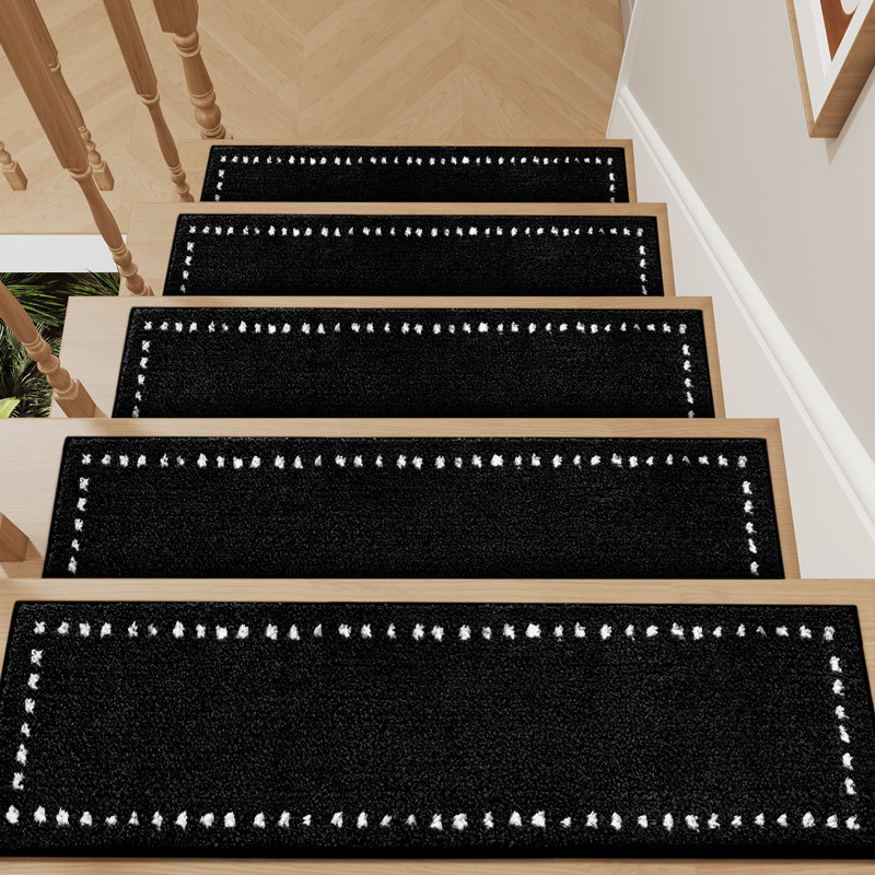 Tapis d'escalier doux et moelleux noirs antidérapants, Black, Tapis de couloir 2 pi 6 po x 8 pi, 15 pièces incluses