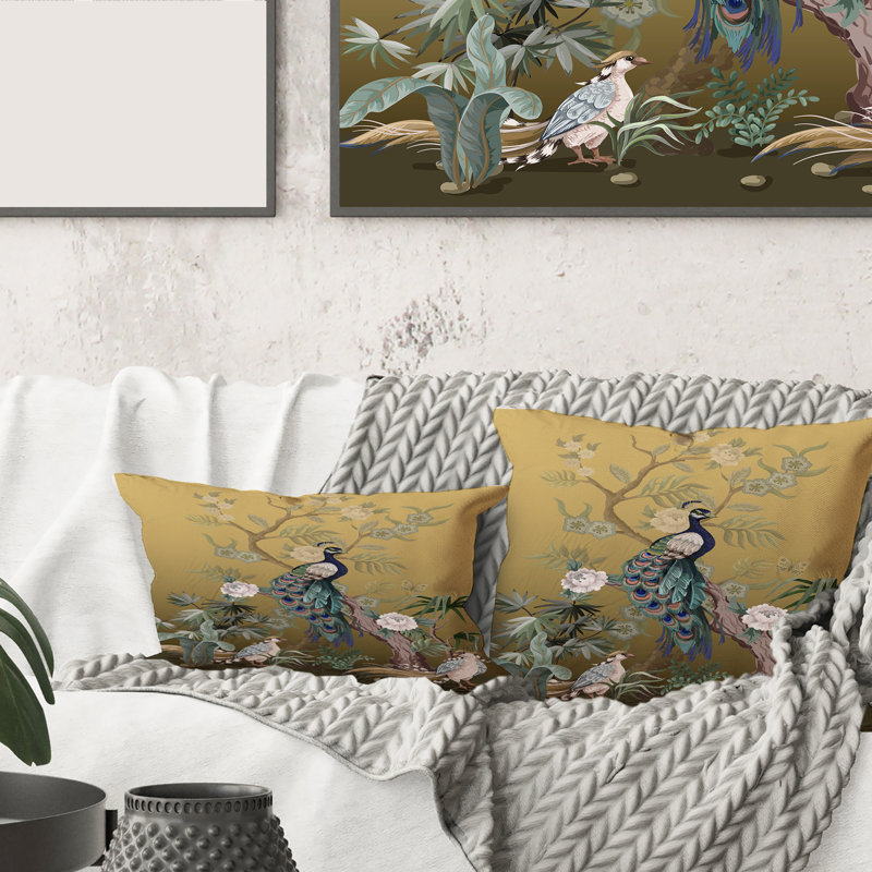 Chinoiserie With Birds And Peonies VI - Traditional Printed Throw Pillow, 18" x 18"