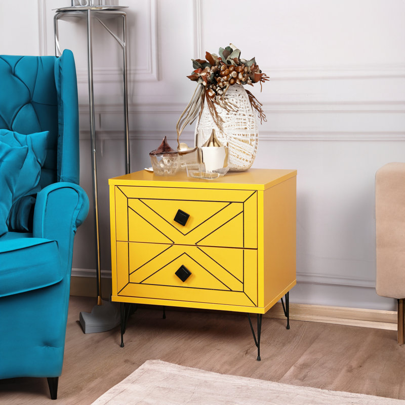 Table de chevet 2 tiroirs Keionte, 19,7 po x 21,7 po x 15,7 po | 100% panneau de particules enduit de mélamine, pieds en métal, dimensions du tiroir: 18,1 po x 6,7 po | Conception géométrique élégante, parfaite pour la chambre à coucher ou le salon
