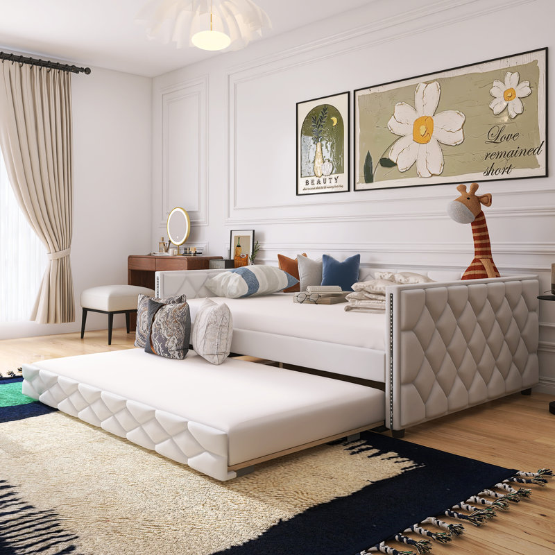 Lit de jour rembourré avec couchette en bois et taille XL, Blanc