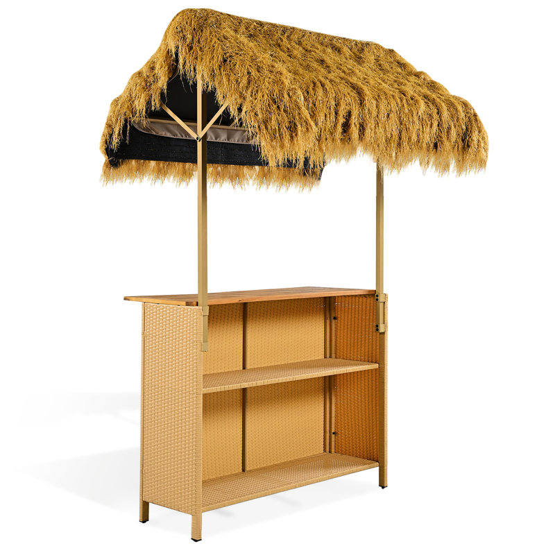 Bar de style hawaïen pour l'extérieur avec auvent en gazon synthétique, matériau en bois, pieds réglables, espaces de rangement spacieux, bois, pieds inégaux