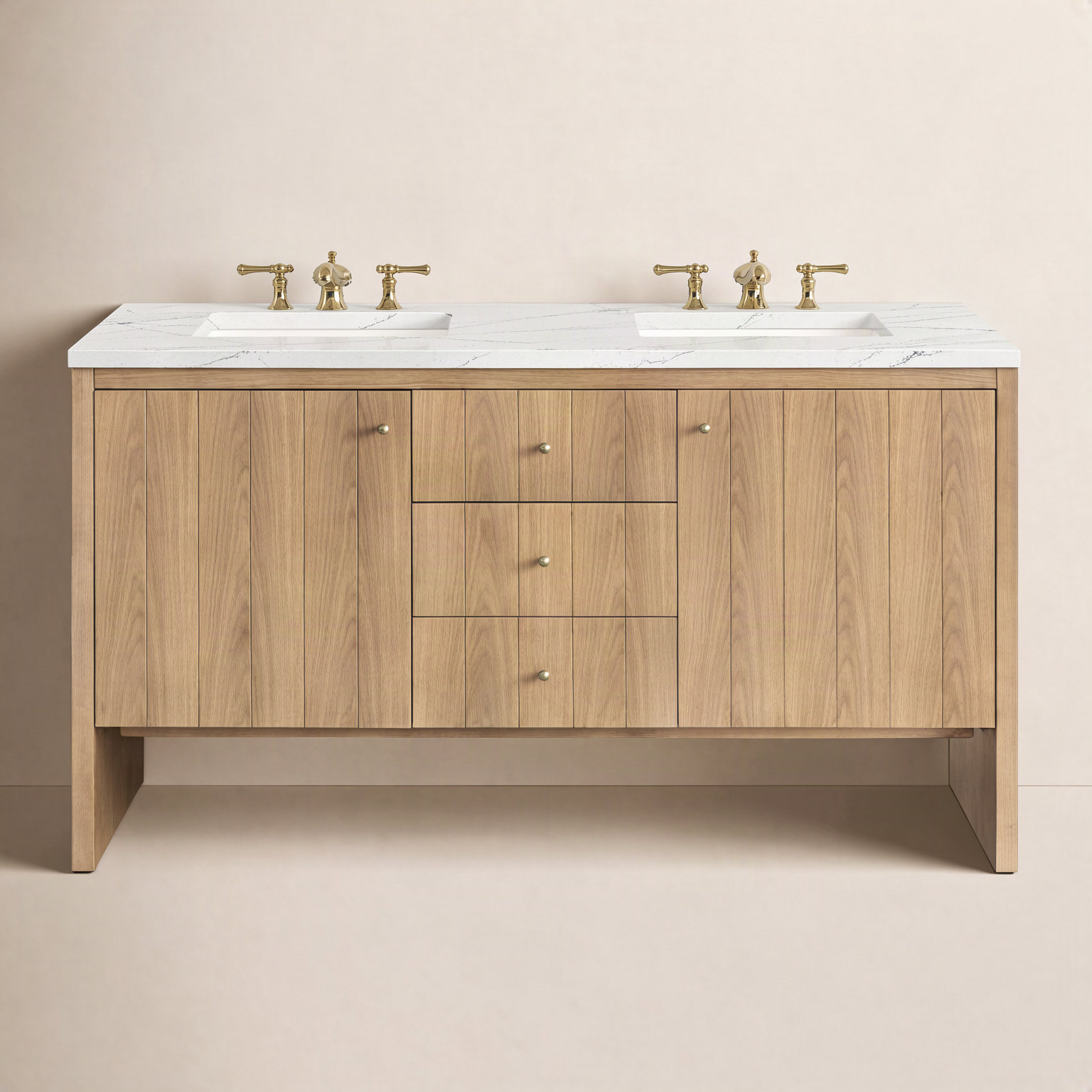 Hudson 60'' Double Bathroom Vanity, Ethereal Noctis, 8" Widespread, Light Natural Oak