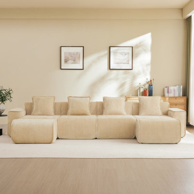 Canapé modulaire en U à 4 places avec passepoil à bordure française, sans assemblage requis, canapé à 4 places avec coussins décoratifs et 2 repose-pieds mobiles, tissu de velours
