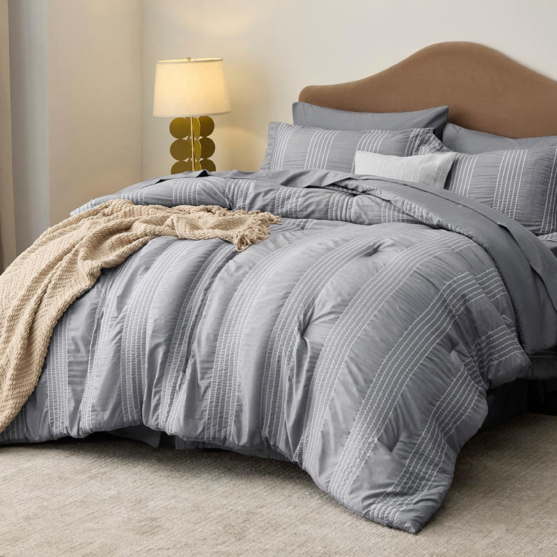 Polyester Standard Striped Comforter, Full Comforter + 2 Full Shams + 2 Pillowcases, Warm Taupe Striped
