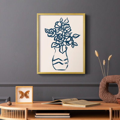 Navy Plant Sketches I Framed Print - Solid Wood