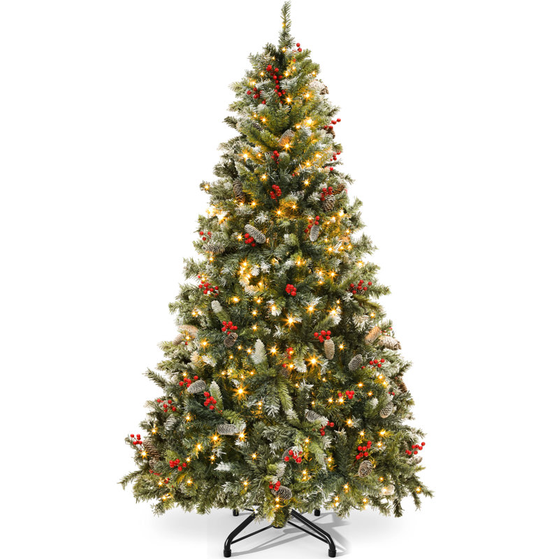 Arbre de Noël artificiel pin givré 9 pi avec pommes de pin et baies pré-éclairées 9 pi, 9'
