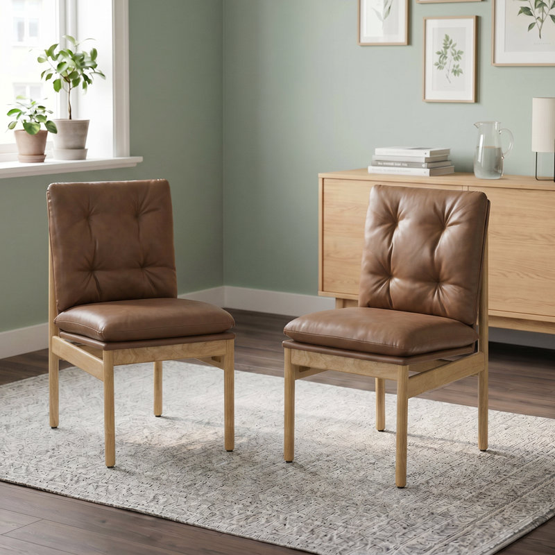 Chaise rembourrée en bois massif avec finition naturelle, Saddle Brown Faux Leather
