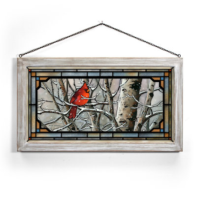 SGA LEFT IN THE COLD-CARDINAL 13X23:WENZEL; STAINED GLASS ART WHITEWASH FRAMED