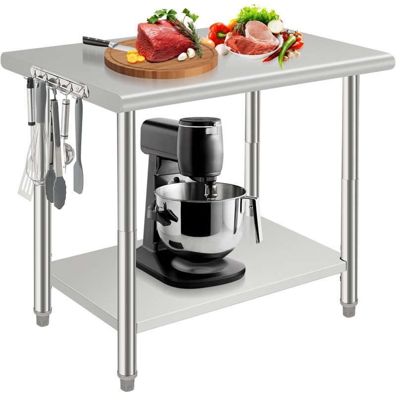 Stainless Steel Work Table, Commercial Kitchen Prep Work Table with Hooks & Adjustable Under Shelf, Heavy Duty Metal Utility Table for Restaurant, Garage and Hotel