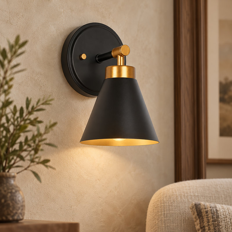 1-Light Black Metal Cone Wall Sonce Bathroom Vanity Light with Anqitue Brass Decor