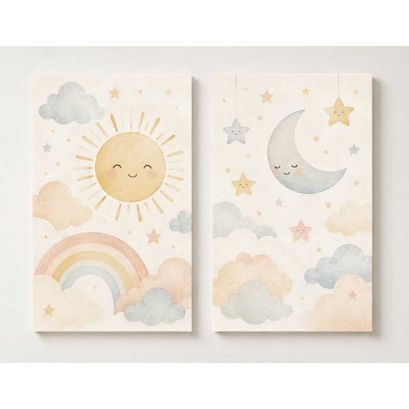 Grand ensemble de 2 art mural chambre d'enfant Sun Moon pour chambre de bébé garçon, arc-en-ciel Boho, impression sur toile céleste 16 x 24 po - prête à être accrochée