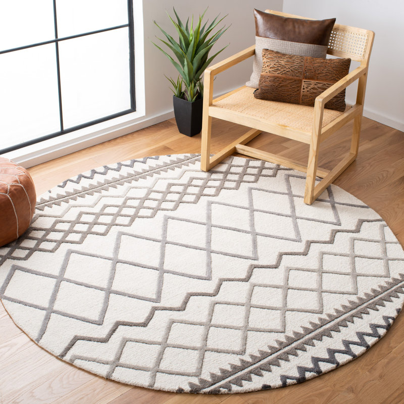 Tapis gris / beige en laine touffeté à la main Eno Southwestern, Rond 6 pi