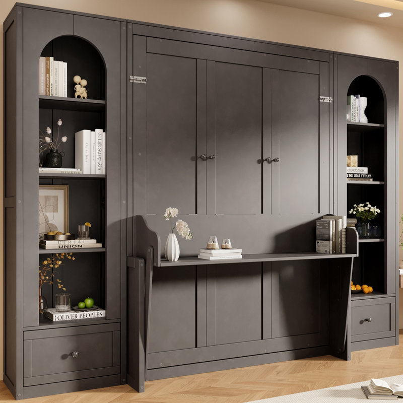Grand lit escamotable avec DEL, armoires latérales, tiroirs et tablette - Lit plateforme peu encombrant, gris