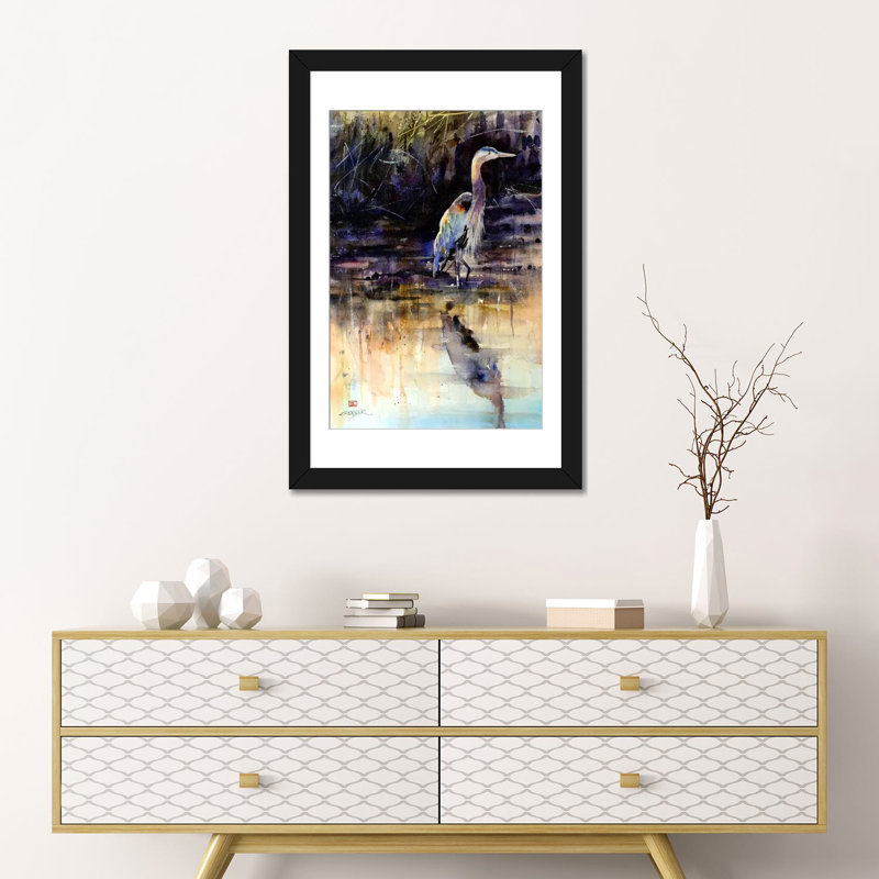 «Heron» par Dean Crouser, reproduction d'art sur toile tendue, H 12 po x l 8 po x P 0,75 po, Papier d'art encadré noir
