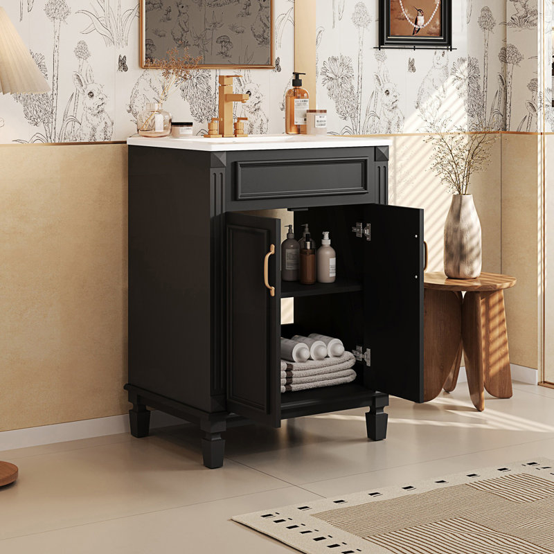 Meuble-lavabo de salle de bain avec lavabo supérieur, armoire de rangement moderne avec 2 portes à fermeture douce et tablette réglable
