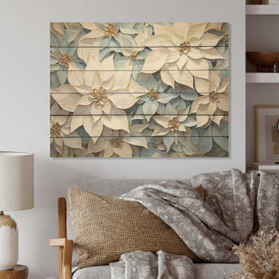 Beige And Blue Poinsettia Radiance - Poinsettias Wood Art On Natural Pine Wood