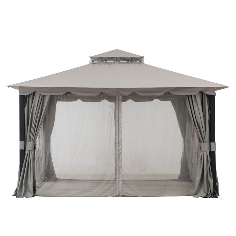 Sunjoy Soft Top Gazebo 11 ft. x 13 ft. Steel Gazebo with 2-Tier Hip Roof,Netting and Curtain,Metal Structure, Gray