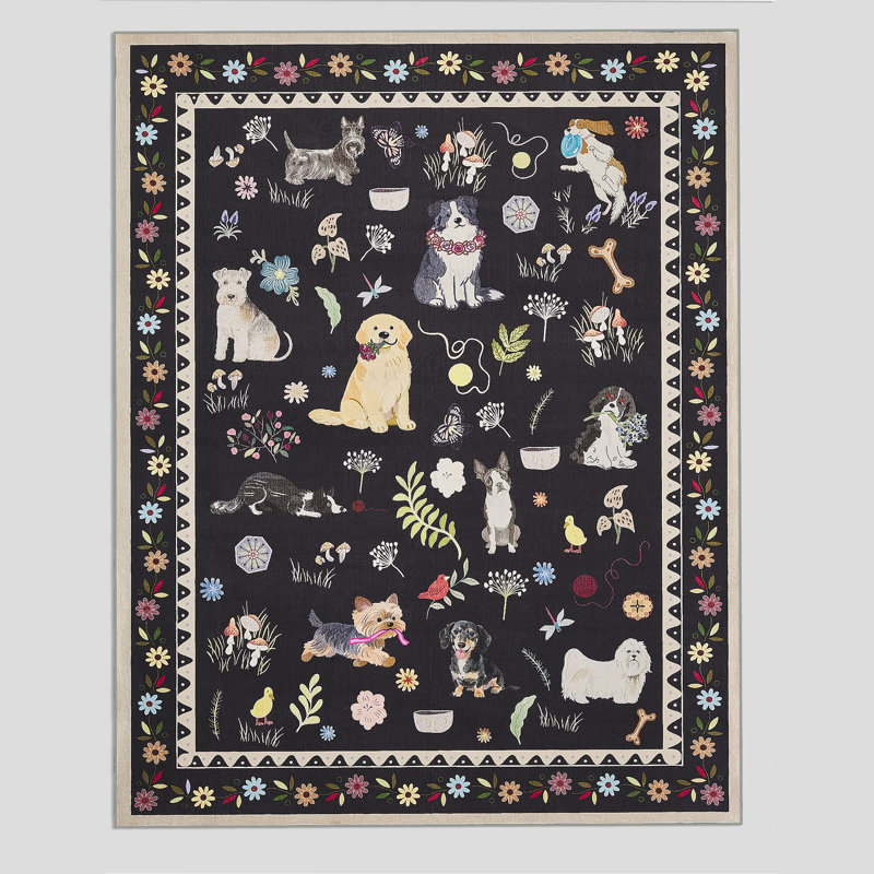 Tapis d'intérieur lavable mignon Black Puppy, Rectangulaire 8 pi x 10 pi, Noir