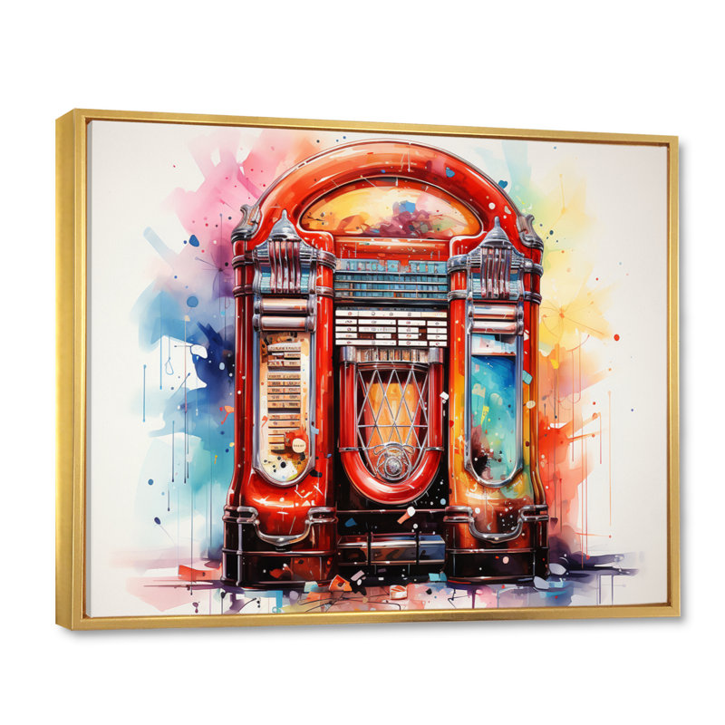 Jukeboxe Retro Resonance Pointillism I - Music Canvas Prints, H 16 po x l 32 po x P 1 po, Cadre flottant doré