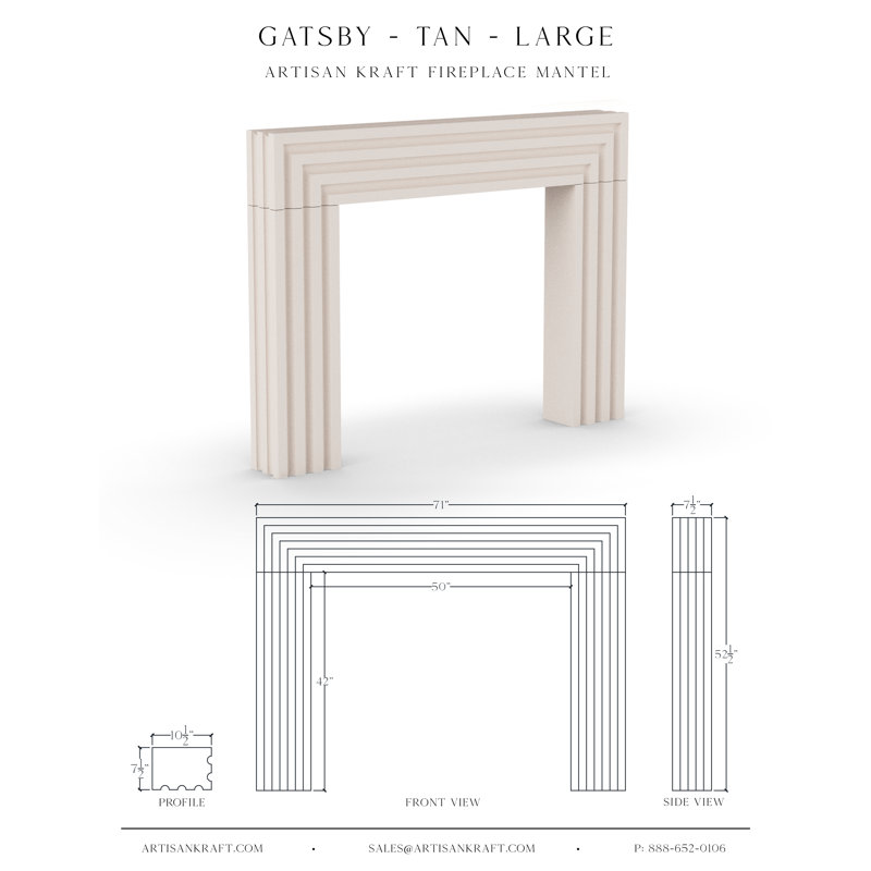 Gatsby Cast Stone Fireplace Surround with Bullnose Hearth, Tan, 7.5" x 71" x 52.5"