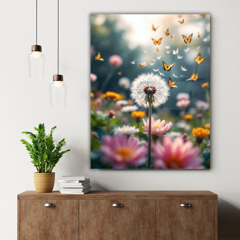 Décoration murale pissenlit papillon en verre trempé, H 30 po x l 20 po