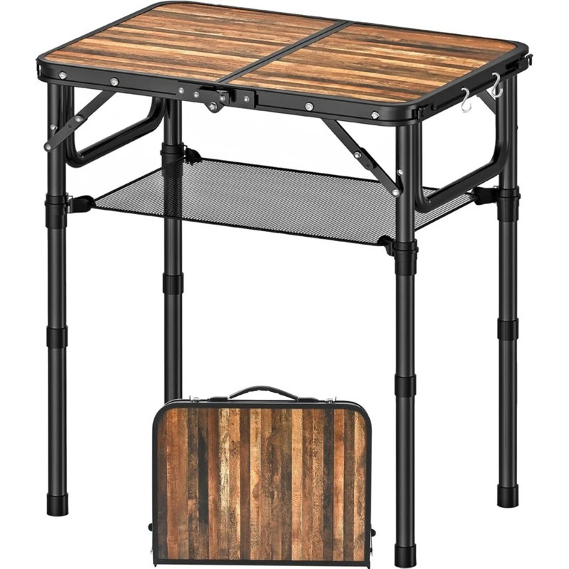 Table de camping pliante avec filet de rangement, table portative en aluminium à hauteur réglable avec poignée de transport pour pique-nique, barbecue, extérieur, bureau