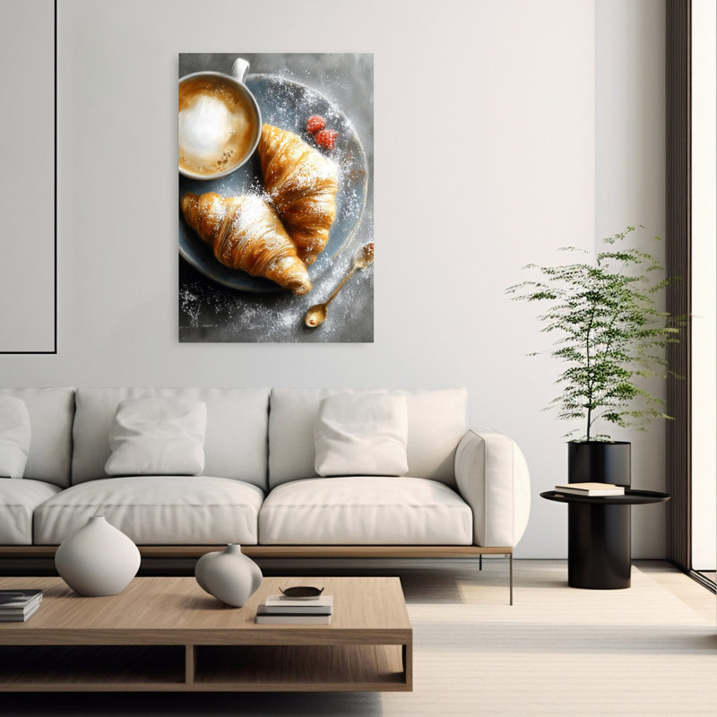 Morning Croissants And Coffee, art mural rustique contemporain, H 60 po x l 40 po