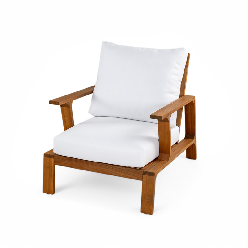 Chaise d'appoint moderne en bois de teck, chaise longue spacieuse avec coussins blancs