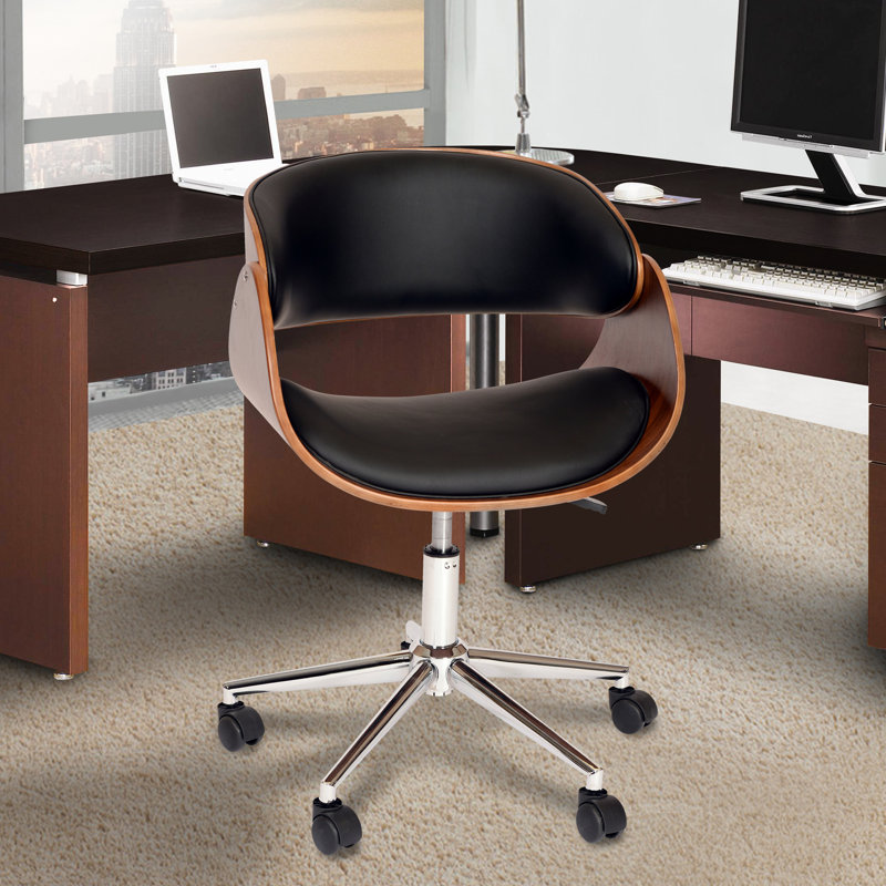 Olmstead Modern Office Chair in Black Faux Leather and Chrome Finish with Walnut Veneer Open Back