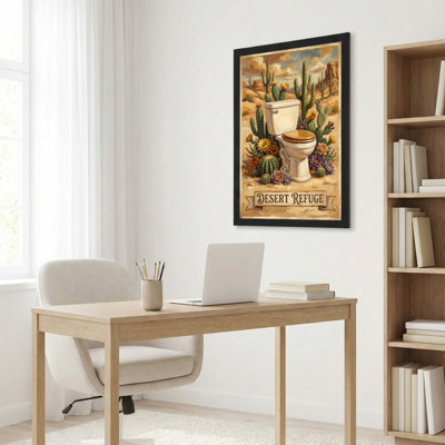 Ensemble de 1 tableau sur toile tendue représentant des toilettes dans un refuge désertique et un paysage de cactus