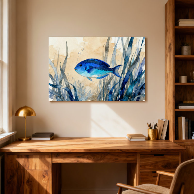 Animals Blue Fish Swimming Among Seaweed Bubbles, 16" H x 24" W
