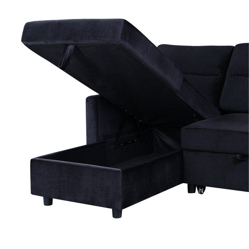Canapé-lit modulaire en velours noir avec méridienne de rangement et poche latérale pratique réversible