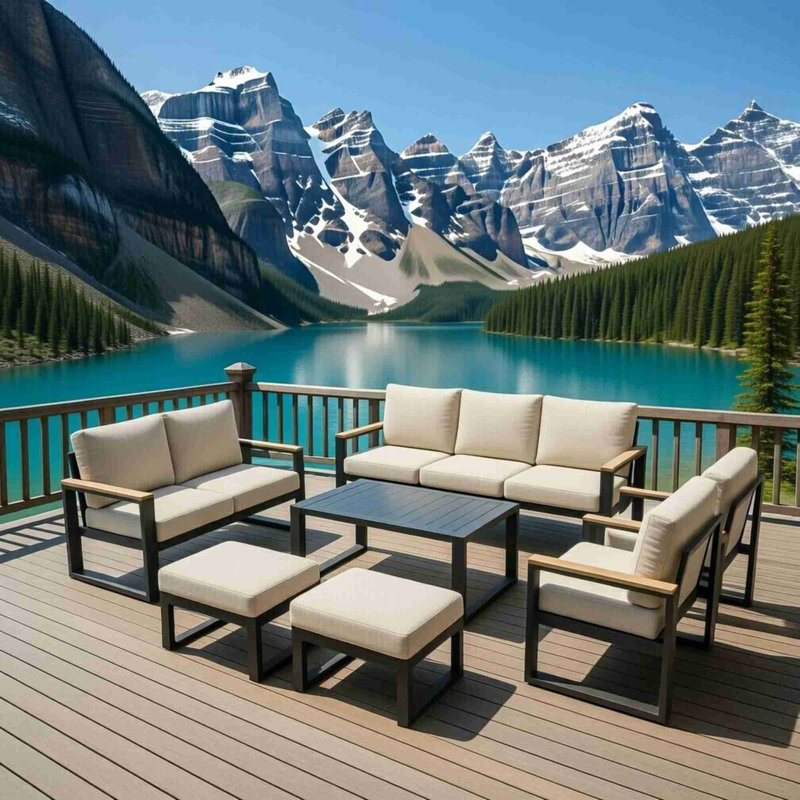 Ensemble de meubles de patio en aluminium toutes saisons 7 pièces, 7 pièces: table basse, canapé, causeuse, 4 chais, Beige