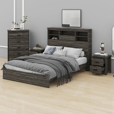 4-Piece Complete Bedroom Set, Storage Headboard Bed Frame with Charging Station, 2 Nightstands & Dresser Combo