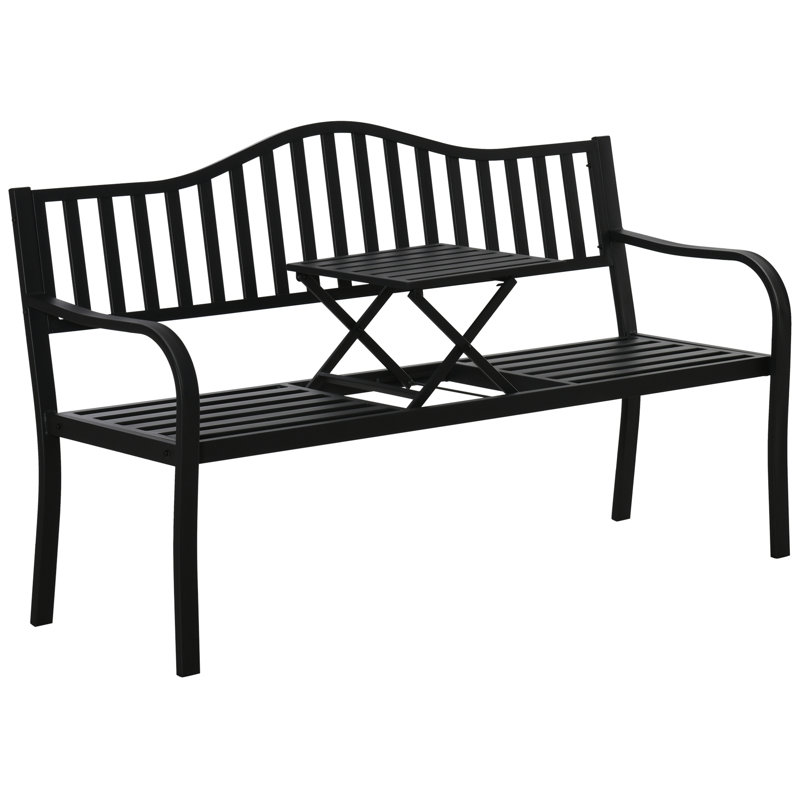 Powhattan Metal Outdoor Bench with Liftable Middle Table 2–3 People Black