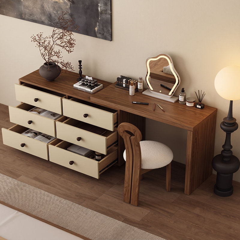 Ensemble coiffeuse extensible 2 en 1, noyer et crème, coiffeuse à 6 tiroirs avec coffre de rangement, style moderne du milieu du siècle, longueur réglable, pour chambre à coucher